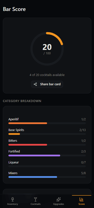 Poura bar score screen